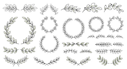 Obraz premium Assortment of hand drawn botanical wreaths and leafy branches in a sketch style for nature inspired graphic design and invitations.
