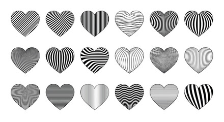 Set of heart icons featuring various internal geometric and optical patterns like stripes and concentric circles for unique designs.