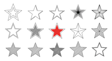 Assortment of star icons featuring different line weights textures and one red colored star for rating and achievement symbols.