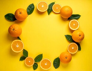 Creative Flat Lay Frame of Fresh Oranges and Green Leaves on Yellow Background with Copy Space
