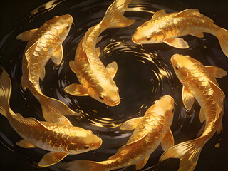 elegant koi carp yin yang composition with glowing gold fish and decorative border