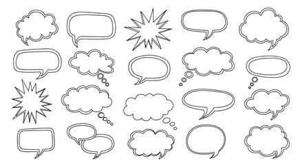 Fototapeta premium Set of outlined speech and thought bubbles in various shapes like clouds and explosions for comic style dialogue and callouts.