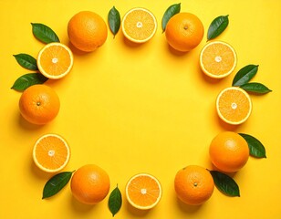 Creative Flat Lay Frame of Fresh Oranges and Green Leaves on Yellow Background with Copy Space