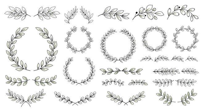 Assortment of hand drawn botanical wreaths and leafy branches in a sketch style for nature inspired graphic design and invitations.