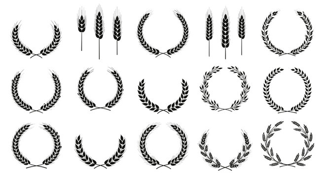 Collection of wheat wreath icons and individual stalks representing harvest and agriculture for bakery labels or organic products.
