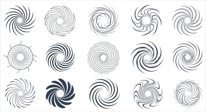 Collection of dynamic spiral and swirl icons with radiating curved lines for abstract motion and energy themed graphic elements.
