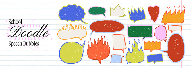 School doodle speech bubbles with colorful crayon shapes. Funky text box elements for kids notes. Dialogue balloon elements. Hearts, fire, crowns, ovals, rectangles. Chalk empty emphasis silhouettes.