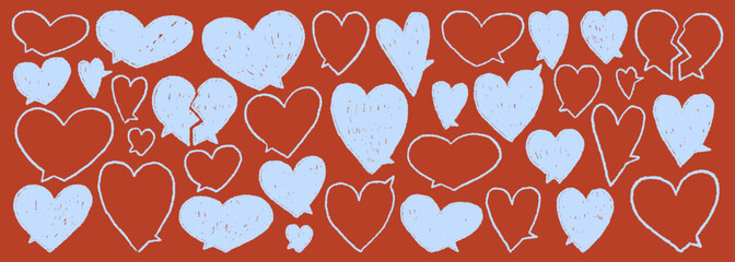 Crayon heart speech bubbles set. Hand drawn chalk empty vector talk balloons for text. Doodle love dialog balloons with charcoal pencil texture emphasis elements. Cute funky childish shapes.
