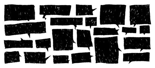 Black grunge speech bubbles with rough pencil texture. Bold rectangular ink doodle shapes for punk collages. Crayon drawn geometric square, rectangle text boxes for emphasis.Sketch dialog chat frames.