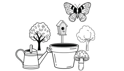 A black and white illustration of gardening tools and nature silhouette