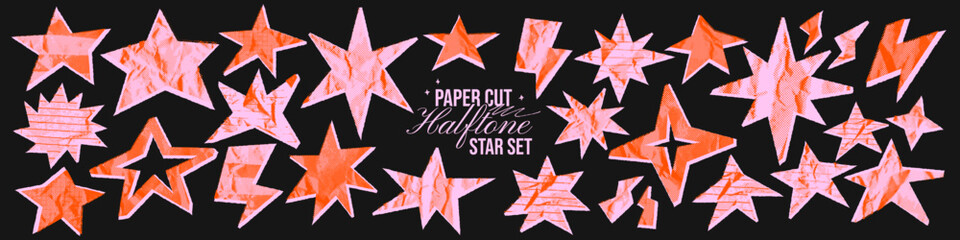 Irregular pink paper cut halftone stars with crumpled retro texture. Collage scrapbook cute star shapes with torn edges. Bold funky sticker set. Whimsical spark, lightning, twinkle forms.