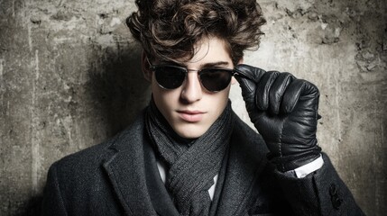 Stylish young man adjusts dark sunglasses while wearing cold weather attire against a textured wall