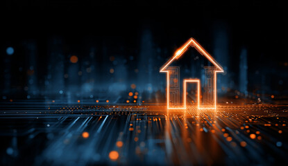 Futuristic digital hologram of a smart home with glowing orange outline, circuit-like textures, and high-tech digital environment