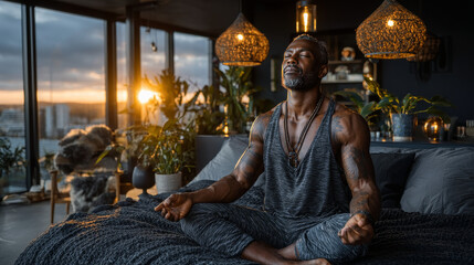 Back view of full-rested african american man wearing pajamas sitting on bed after waking up in the morning, look at window, stretching body, sun flare, copy space. Comfortable healthy sleep concept
