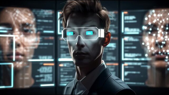 Explainable AI (XAI). Model transparency. Responsible & Ethical AI. Governance. Business intelligence. Person analyzing facial recognition data on screens.