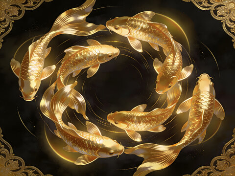 golden koi fish circle on black background with luxury asian ornament frame