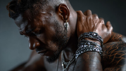 African man with neck and back pain, rubbing his painful body over white background, back view