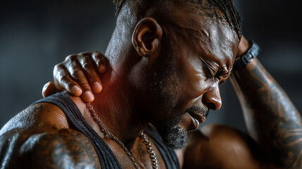 African man with neck and back pain, rubbing his painful body over white background, back view