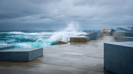 The Powerful Waves Splashing Against Concrete Barriers on the Coast