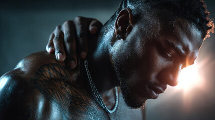 African man with neck and back pain, rubbing his painful body over white background, back view