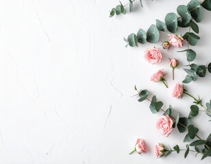 Minimalist Eucalyptus Branches and Pink Roses Flat Lay on White Background with Copy Space