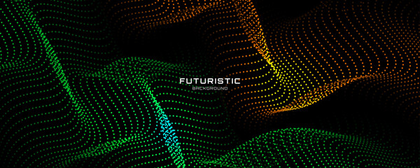 3D green orange techno background on dark space with dotted lines shape effect decoration. Modern graphic design element with glowing dots waves style concept for web, flyer, card, or brochure cover