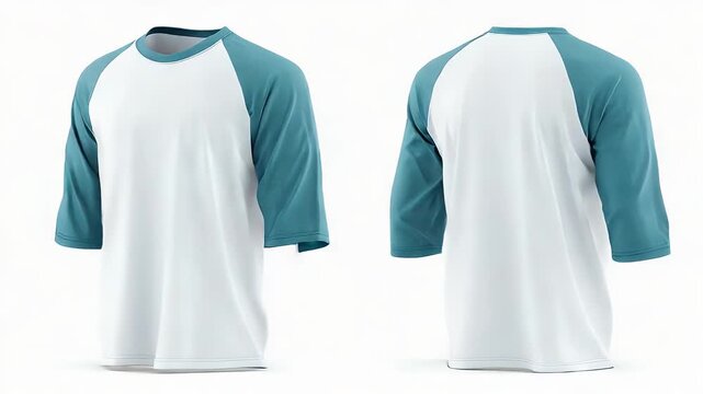 Raglan tee, white body, teal sleeves, front and back