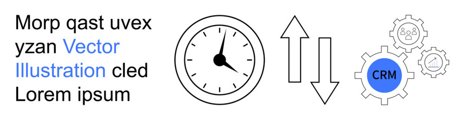 Business strategy, time tracking, CRM systems, workflow optimization, productivity, automation. Clock with arrows and CRM gears. Time tracking and business strategy concept