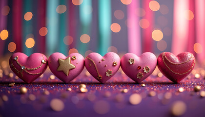 Glittering Pink and Gold Hearts with Bokeh Lights