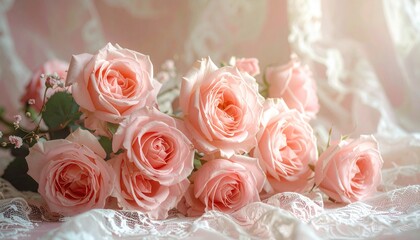 Fototapeta premium Elegant Bouquet of Pink Roses on Delicate White Fabric.