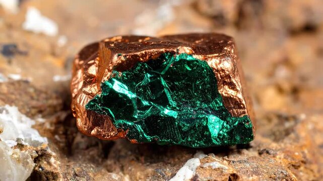A close-up view of a copper ore sample with vibrant green and bronze colors on a rock base