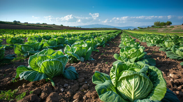 Large heads of leafy green cabbage grow in symmetrical rows within a fertile agricultural field extending towards distant mountains under a bright blue sky filled with soft white cumulus clouds.
