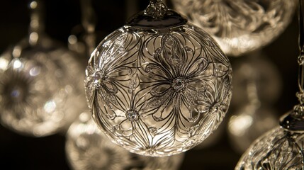 An intricate silver filigree glass ornament with delicate floral patterns hanging as a festive decoration