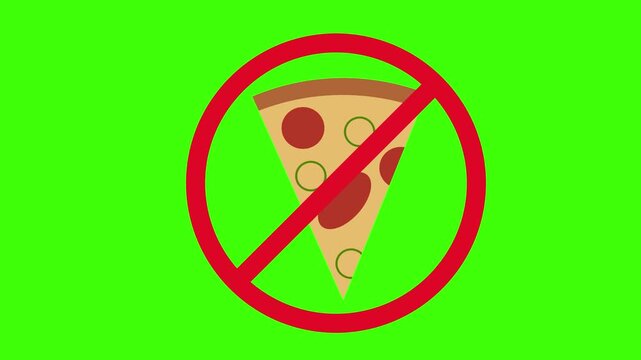 No pizza prohibited sign red circle crossing out fast food green screen animation