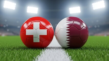 International Football Tournament Match Between Switzerland and Qatar vibrant green pitch under stadium lights, capturing the spirit of international competition."