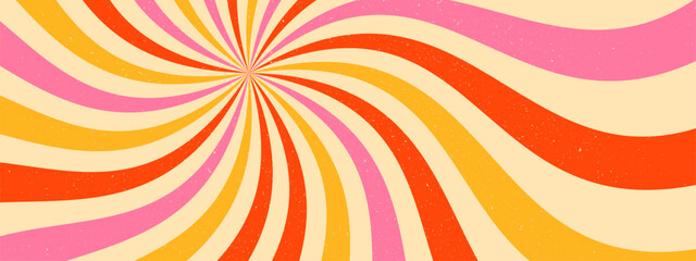 Swirl sunburst abstract background. Groovy retro poster design. Psychedelic radial burst with grunge texture.