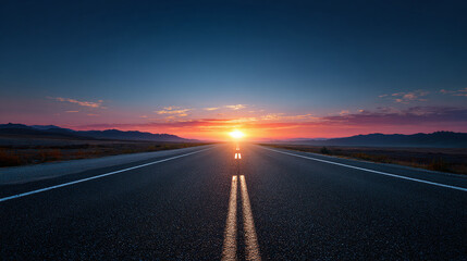 An open road stretches toward a breathtaking sunset. The horizon is painted with vibrant hues as the sun dips below the horizon