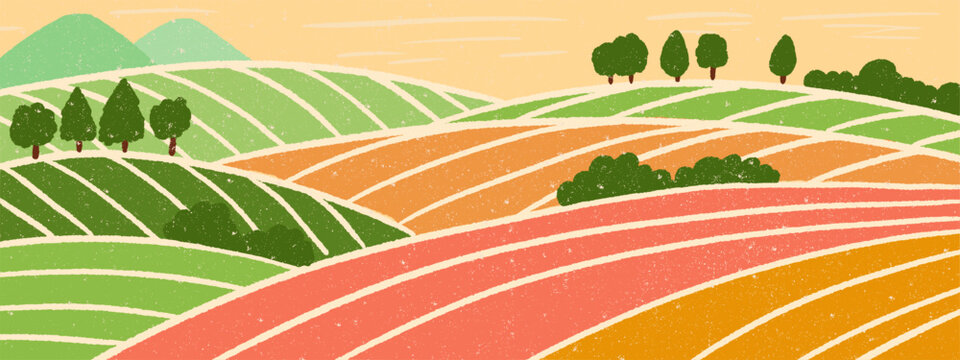 Abstract vineyard valley landscape. Colorful striped farm fields, green hills and trees with rustic grain texture.