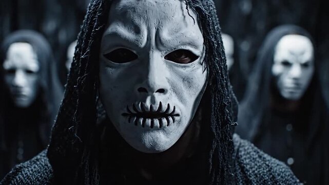 Creepy crowd masks halloween concept horror theme thriller movie visual