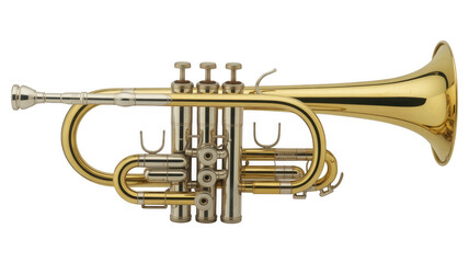Shiny gold trumpet with valves musical instrument brass isolated on a transparent background