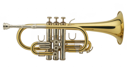 Shiny gold trumpet with valves musical instrument brass isolated on a transparent background