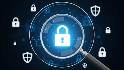 Cybersecurity concept with glowing padlock and digital shields representing data protection and network security