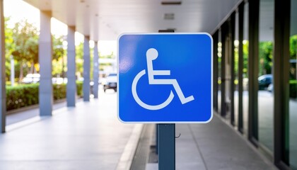 Accessibility Sign for Wheelchair Users in Urban Environment with Clear Pathway Nearby