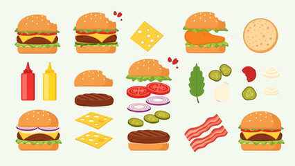 Assorted burger ingredients and condiments illustration.