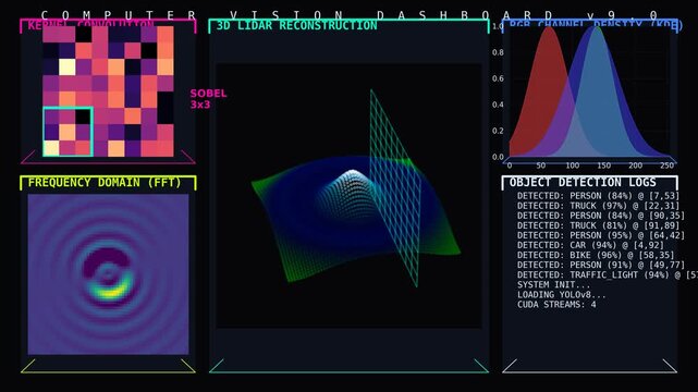Computer Vision Dashboard Animation Showing 3D LiDAR Reconstruction, Object Detection Logs, FFT Frequency Analysis and RGB Channel Distribution