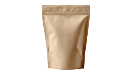 Blank kraft paper stand up pouch mockup with zip lock closure, showing eco friendly food packaging material for branding design on a transparent background