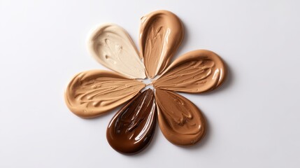 Cosmetic foundation swatches forming a flower shape, illustrating diverse skin tone shades from light beige to deep brown, representing inclusivity and universal beauty products