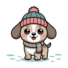 Cute Winter Puppy Cartoon Illustration Wearing Hat and Scarf