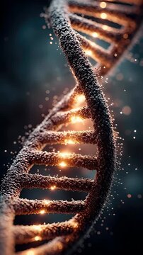 Close-up of a DNA double helix structure illuminated by glowing particles on a dark background, symbolizing genetic science.