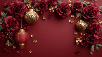 Luxury chinese festive oriental background with red flower border and gold lantern decoration creating elegant celebration background for holiday greeting card or party invitation design